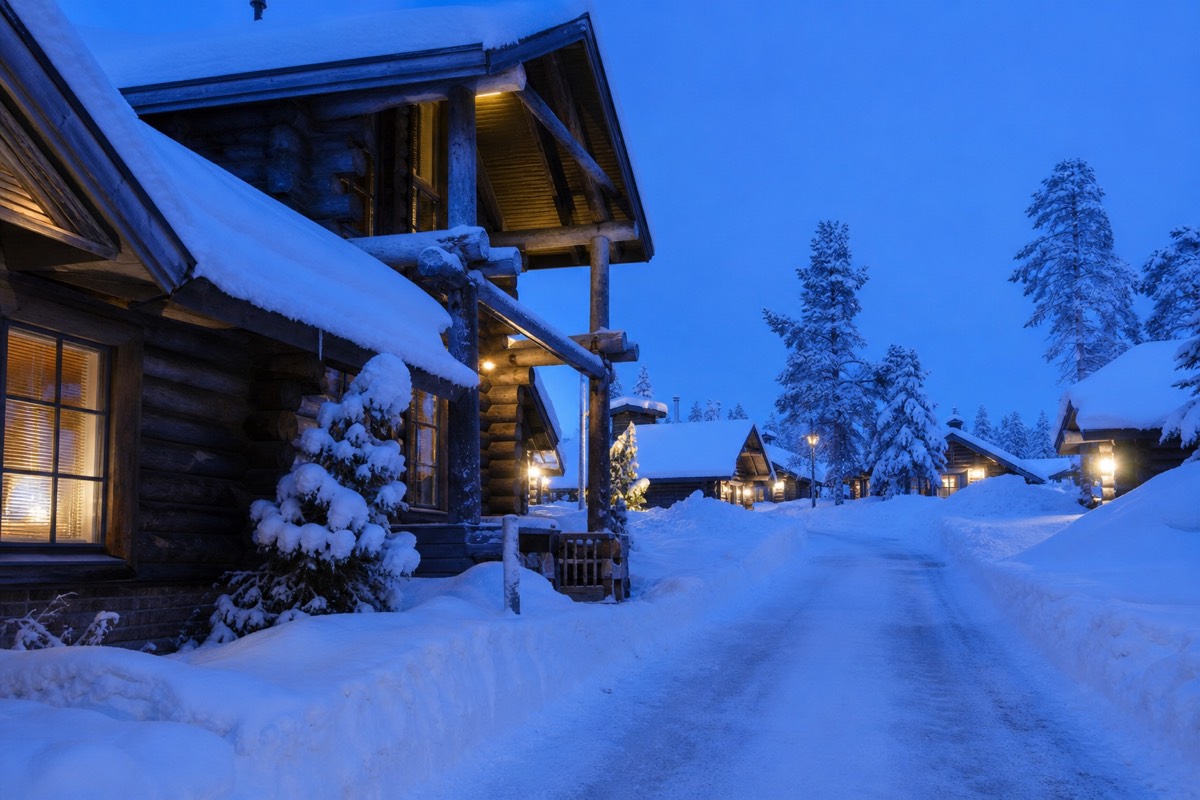 A snowy Lapland resort exterior at blue hour with lit windows and a ploughed access road