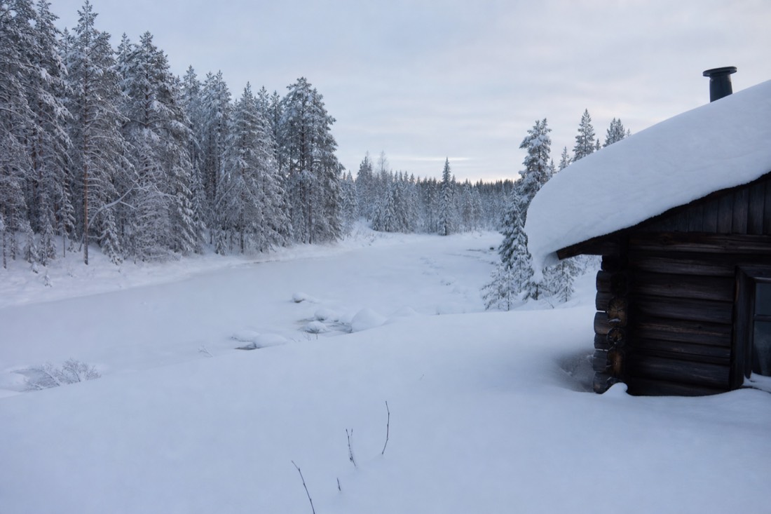 Schneebedeckte Landschaft von Finnisch-Lappland im natürlichen Winterlicht