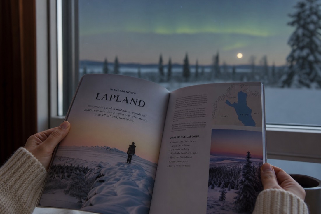 A person holding open a Lapland travel guidebook, sitting by a window overlooking snowy landscape and distant aurora