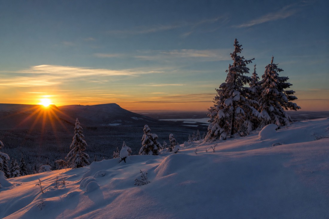 Snow-covered Finnish Lapland landscape in natural winter light