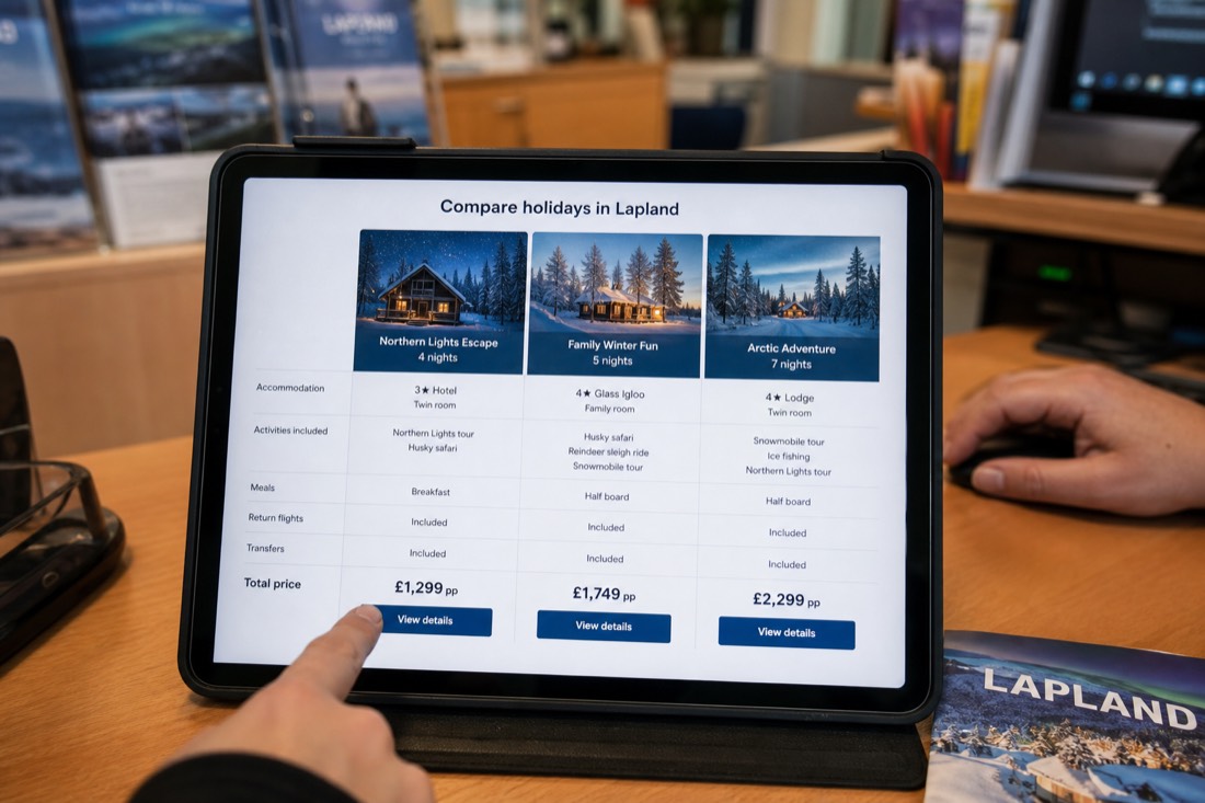 A digital price comparison chart displayed on a tablet in a travel planning office setting, winter Lapland photos visible