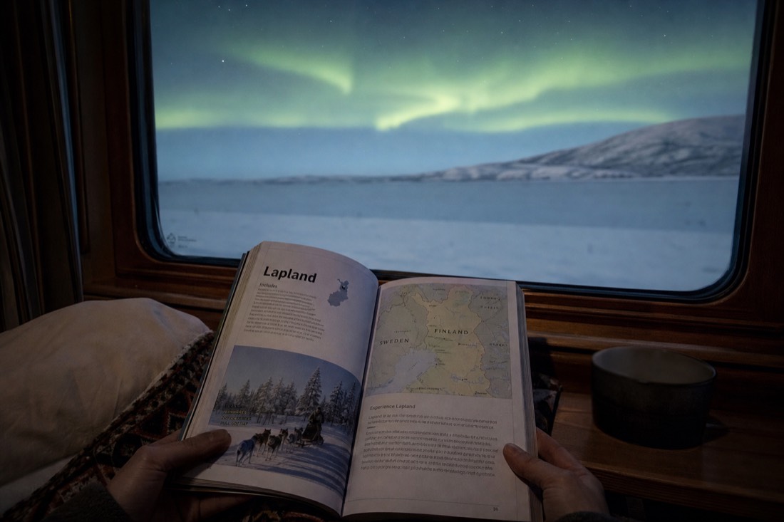 A person holding open a Lapland travel guidebook, sitting by a window overlooking snowy landscape and distant aurora