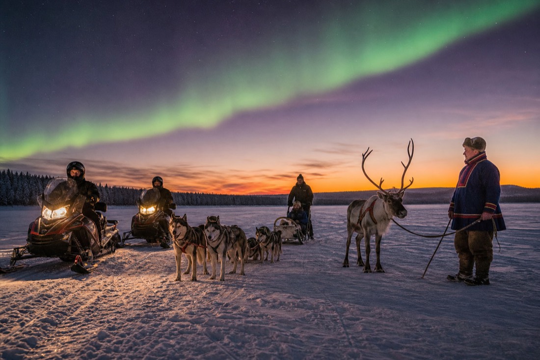 A lineup of diverse Lapland activity icons arranged in winter landscape - snowmobiles, huskies, reindeer, aurora lights, all in real snowy Lapland setting at dusk