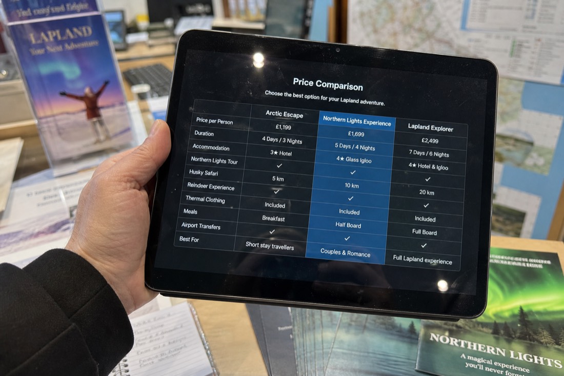 A digital price comparison chart displayed on a tablet in a travel planning office setting, winter Lapland photos visible